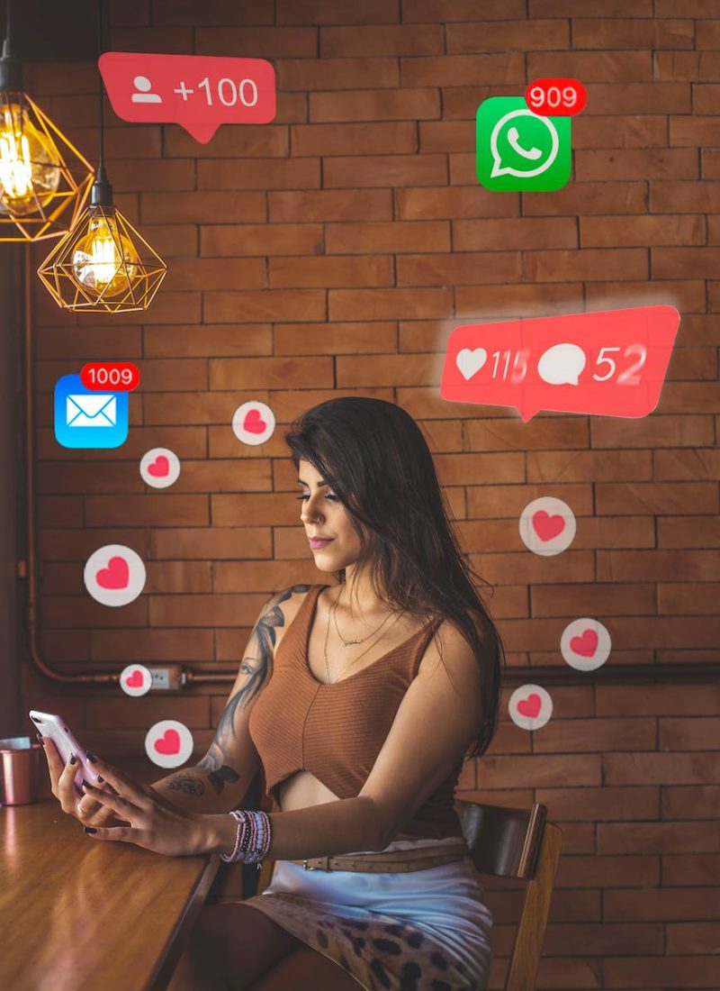 sitting woman using smartphone with hearts and smartphone icons