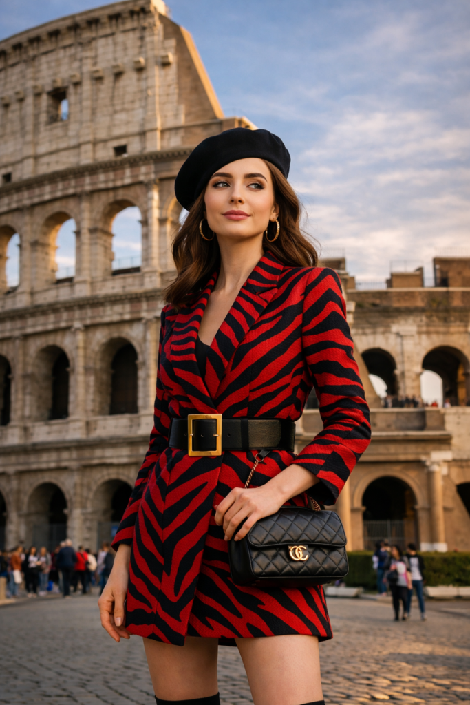 The Emily Cooper archetype in a bold, signature outfit, standing confidently in front of the Colosseum—a visual metaphor for style, sovereignty, and starting fresh in Emily in Rome.
