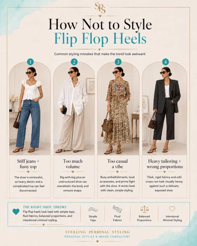 How not to style flip flop heels with stiff denim, too much volume, overly casual outfits, and heavy tailoring