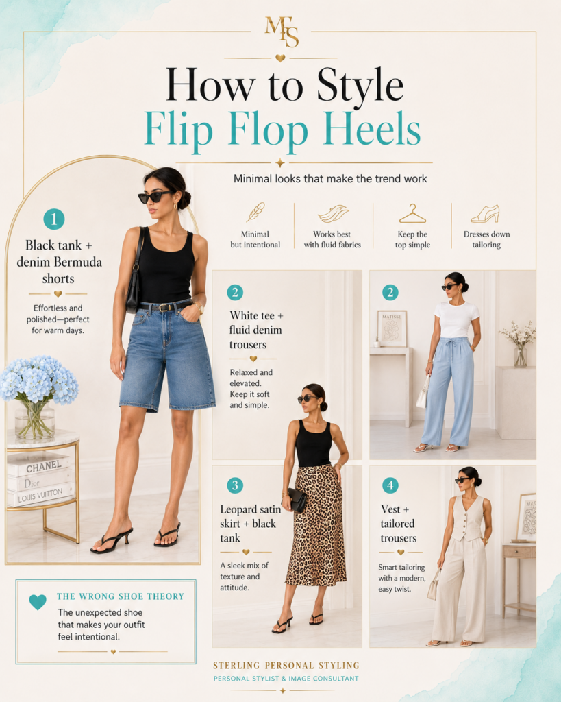 How to style flip flop heels with a black tank, denim Bermuda shorts, fluid denim trousers, leopard satin skirt, and tailored trousers
