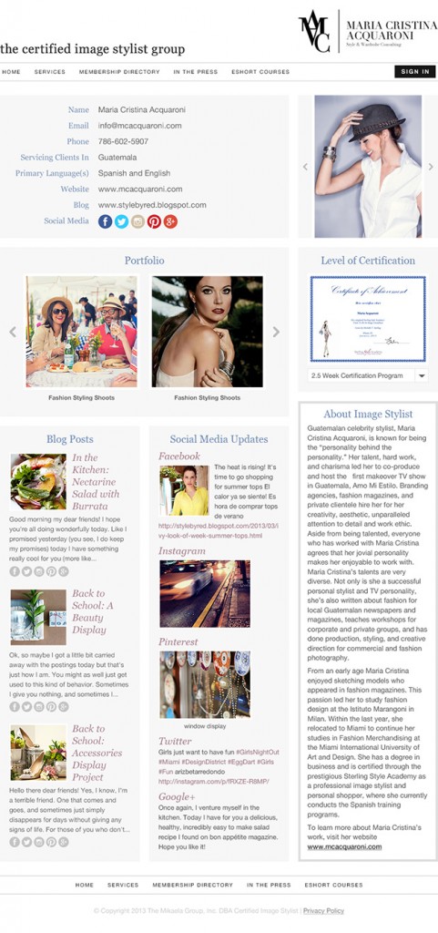Sample Certified Image Stylist Member Page